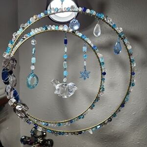 Blue and Clear Beaded Hanging Suncatcher Winter Frost Bird Lovers Decor